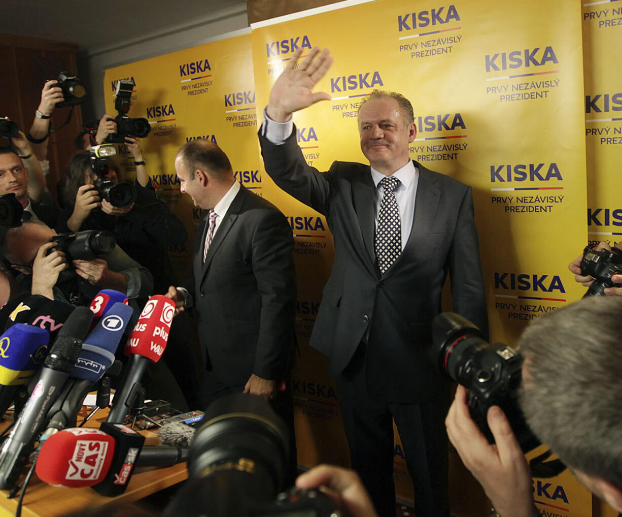 Newly elected Slovak President Andrej Kiska thanks voters for their support  in Bratislava, Slovakia, Saturday, March 29, 2014.