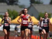 Camas runner Alexa Efraimson (4) runs with the pack during the Prelims of the Girls 4A 800 Meter Run at the Washington State Track and Field Meet on May 30 in Tacoma.