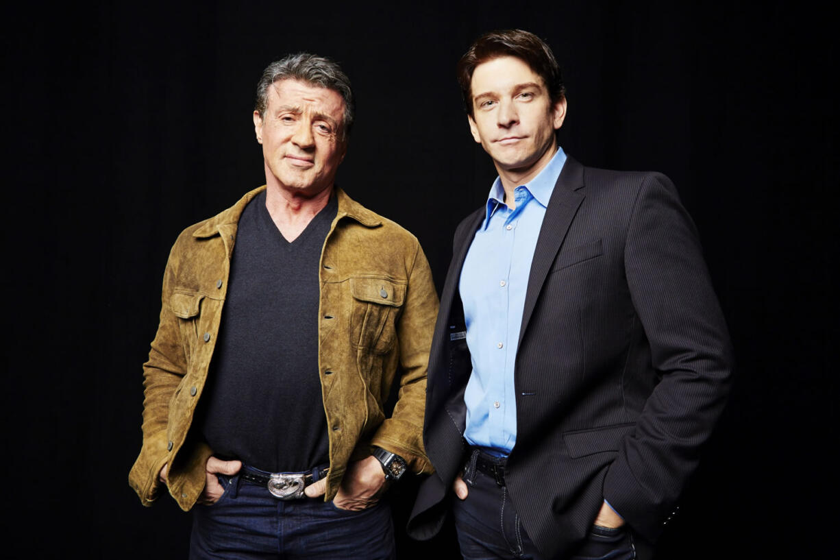 Sylvester Stallone, left, who played Rocky Balboa in the 1976 film &quot;Rocky,&quot; stands with Andy Karl, who plays Rocky Balboa in the Broadway musical &quot;Rocky&quot; in New York.