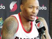 Portland Trail Blazers' guard Damian Lillard at media day on Monday, Sept. 28, 2015, in Portland, Ore.