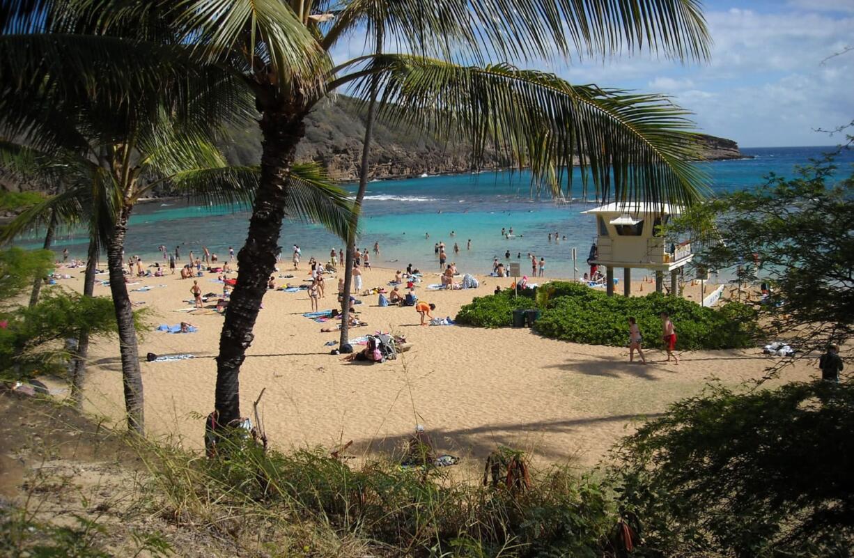 Sunbathers and snorkelers enjoying a balmy beach day at Hanauma Bay, on the east side of Oahu, Hawaii.