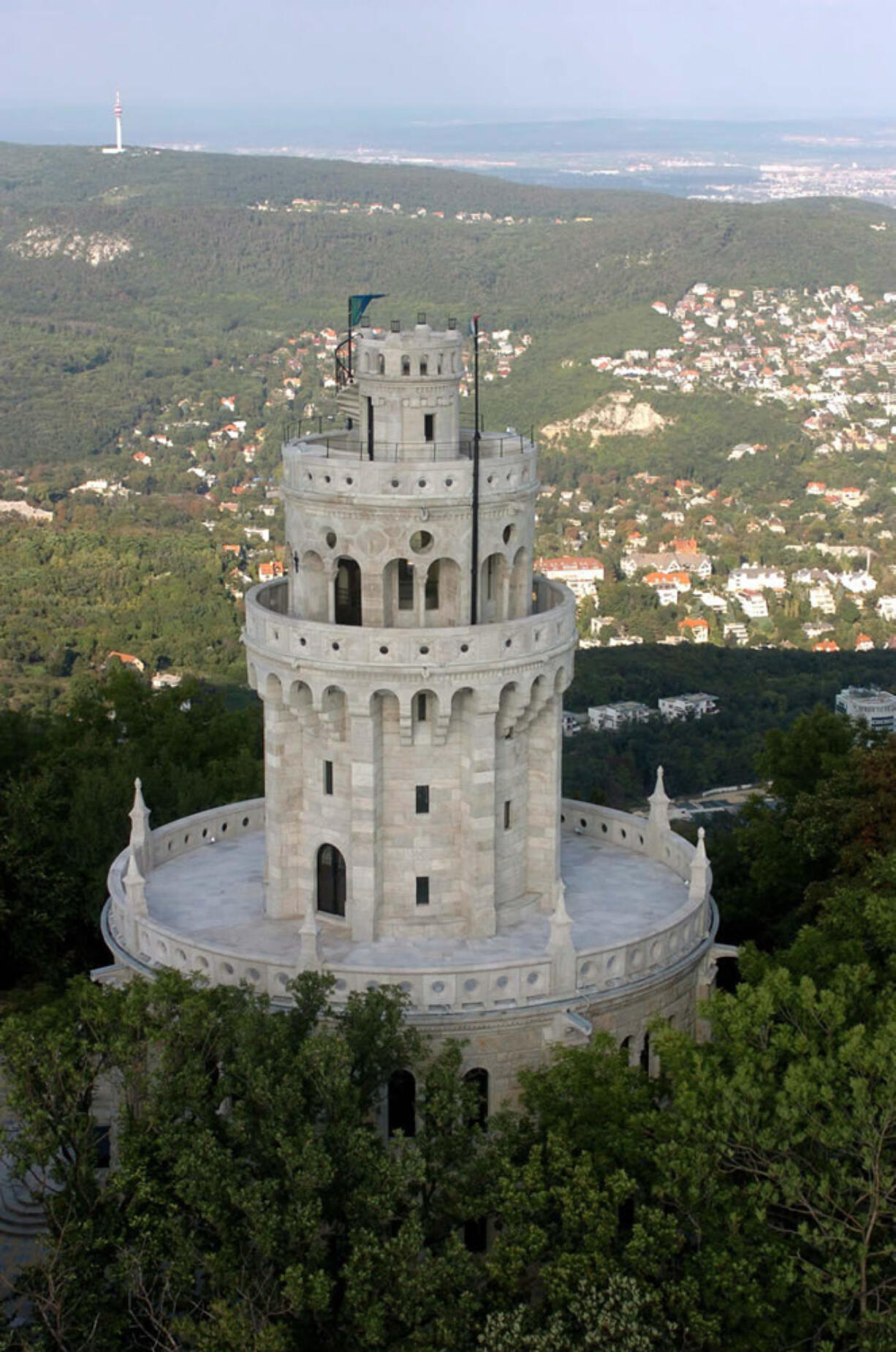 Erzsebet (Elizabeth) Watchtower on the top of Janos Hill is the highest peak in Budapest, Hungary.