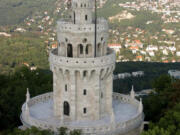 Erzsebet (Elizabeth) Watchtower on the top of Janos Hill is the highest peak in Budapest, Hungary.