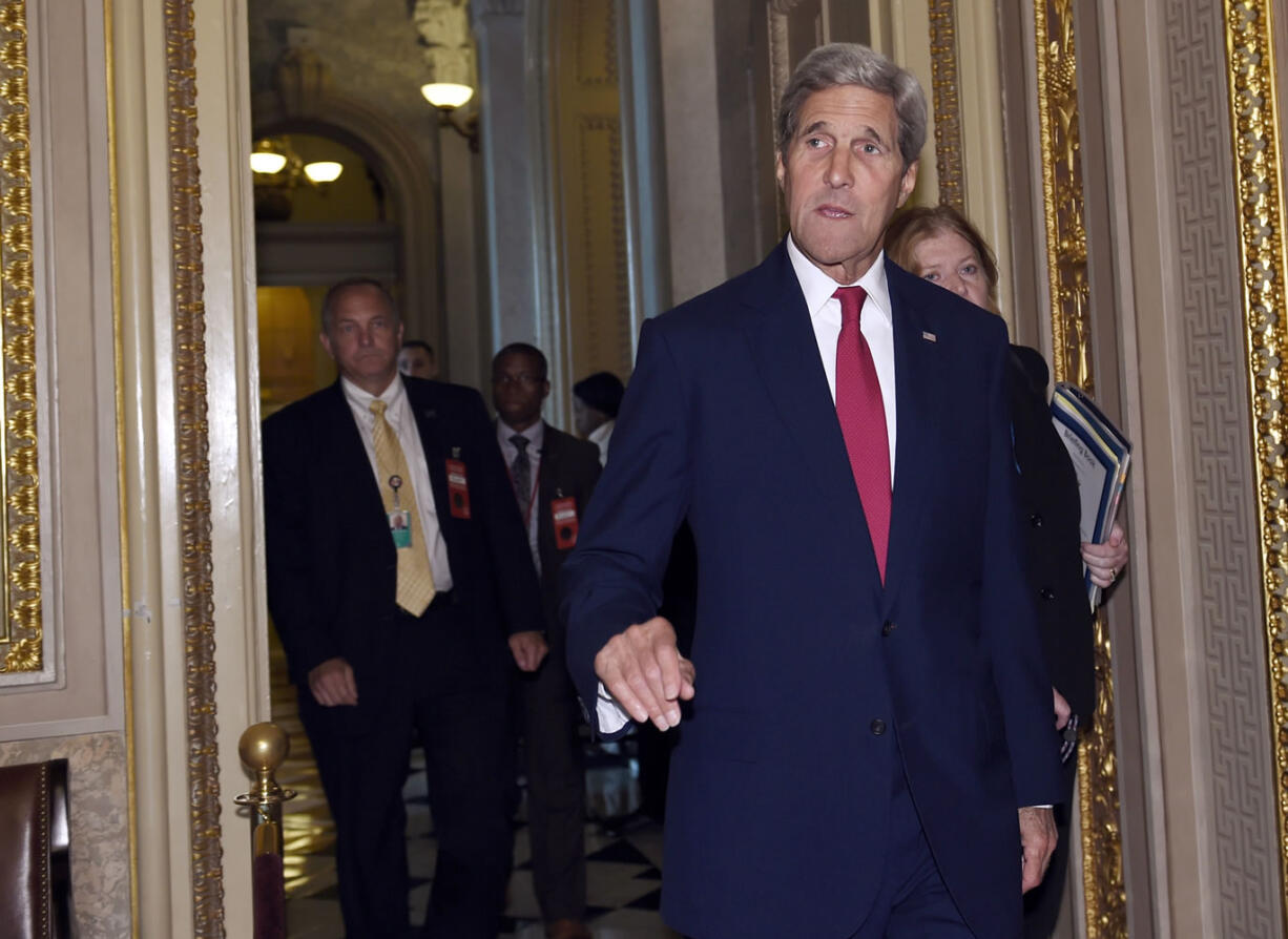 Secretary of State John Kerry arrives for a meeting on Capitol Hill in Washington on Wednesday on the escalating migrant crisis.  Kerry plans to brief members of the House and Senate Judiciary committees on Wednesday about how many Syrian refugees the U.S. is willing to take in.