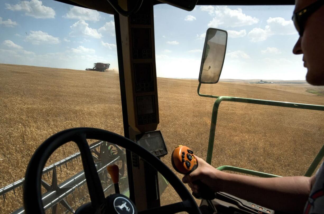 Joel Zwainz drives a combine as he harvests wheat Monday in Reardan.