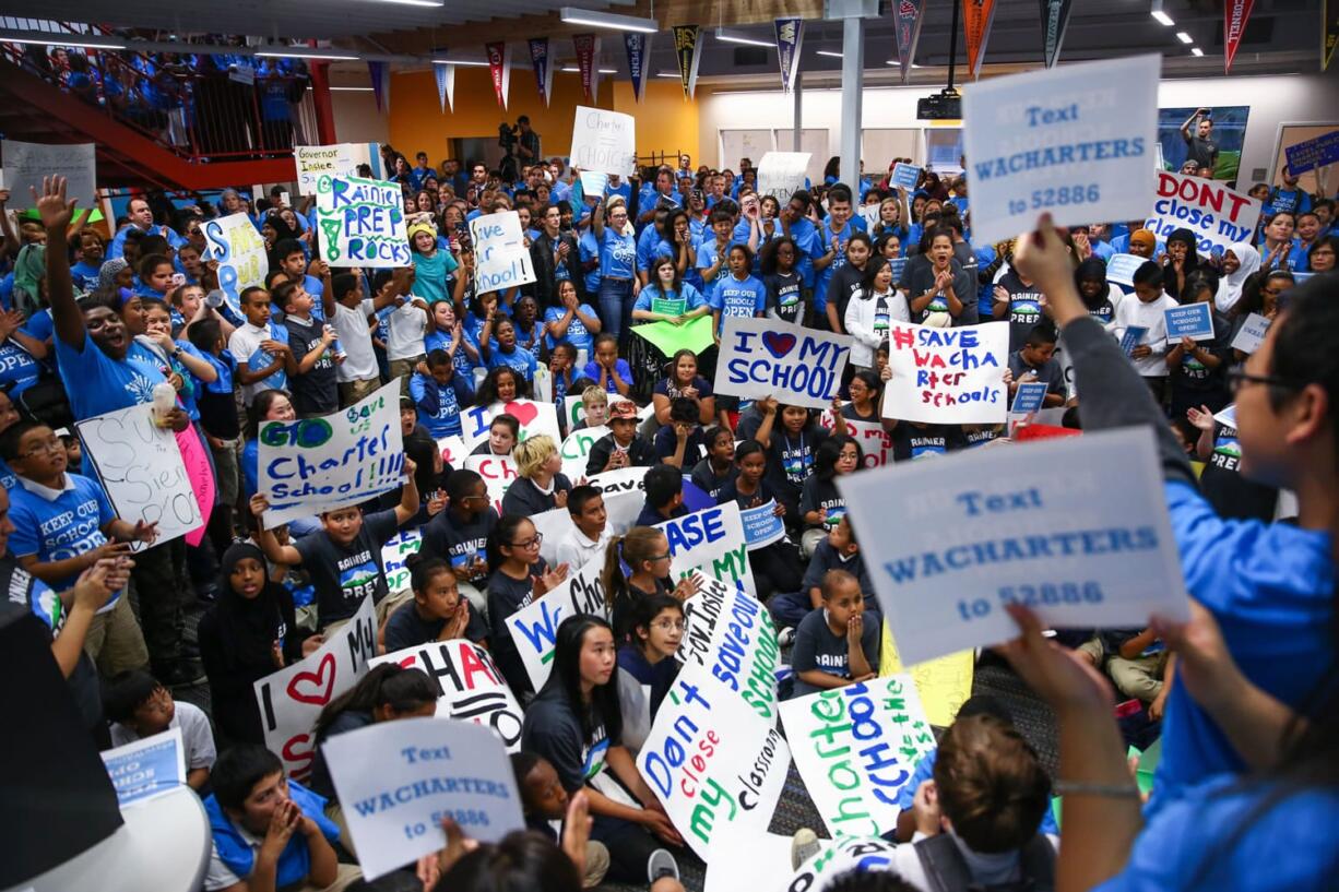 Hundreds of students rally Thursday   at Summit Sierra public charter school in Seattle's International District. Charter school students, parents and staff rallied to support the schools and to call for Governor Jay Inlsee and the legislature to show their support after the State Supreme Court ruled state funding of the schools to be unconstitutional.