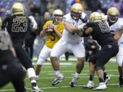 Washington quarterback Jeff Lindquist (5) drops back to pass on Saturday, April 19, 2014, during the team's spring NCAA college football game in Seattle. (AP Photo/Ted S.