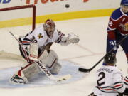 Portland Winterhawks goalie Corbin Boes deflects a shot vs. the Edmonton Oil Kings.