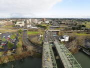 Morning traffic makes its way across the Interstate 5 Bridge looking north toward downtown Vancouver on Jan. 26, 2012.