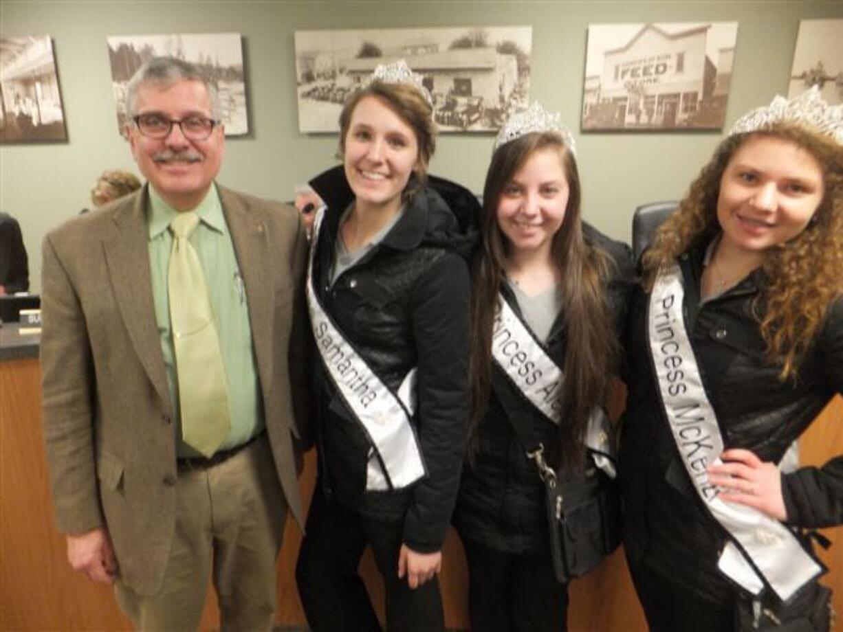 Woodland: Woodland Mayor Grover Laseke greets the Planters Days court, Samantha Ikerd, from left, Alesha Beuscher and McKenzie Collins, during their recent visit to a city council meeting.