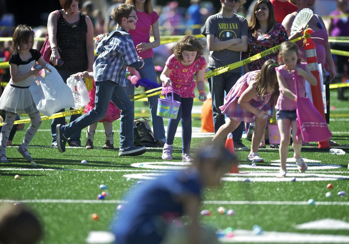 Approximately 800 kids participated in an Easter Egg hunt at McKenzie Stadium in Vancouver in 2013.