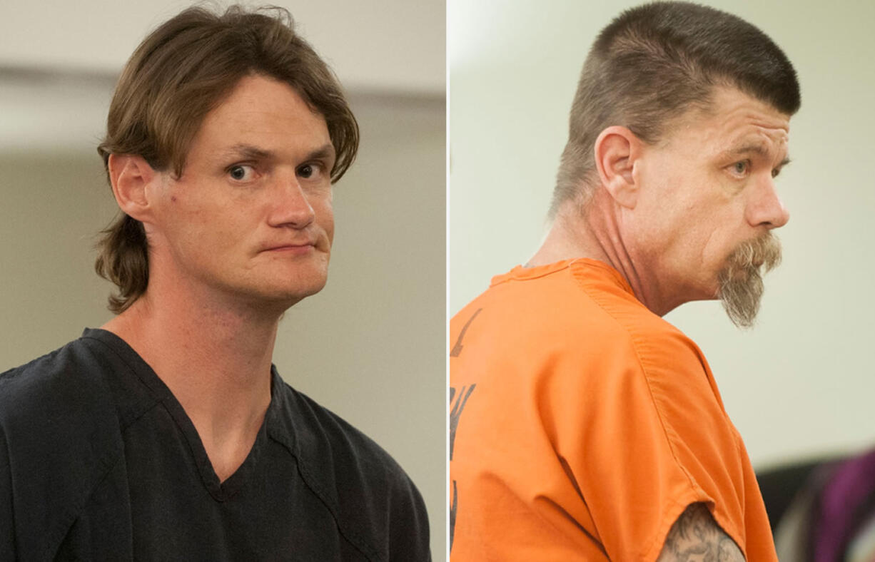 Donald William McLain, 33, left, and Randall Jacob Marlow, 46, both Larch Corrections Center inmates, appear in Clark County Superior Court for walking away from an inmate work crew job site in June.