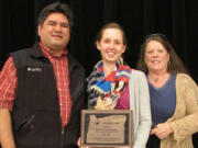 Hudson's Bay: National Park Service archaeologist Robert Cromwell, from left, and laboratory supervisor Katie Wynia are presented the President's Award on April 1 by Elaine Dorset, former president of the Oregon Archaeological Society.