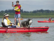 Cathy Kwapinski and her 11-year-old dog, Huskers, try out a kayak at the Spring Paddle Festival at Vancouver Lake.