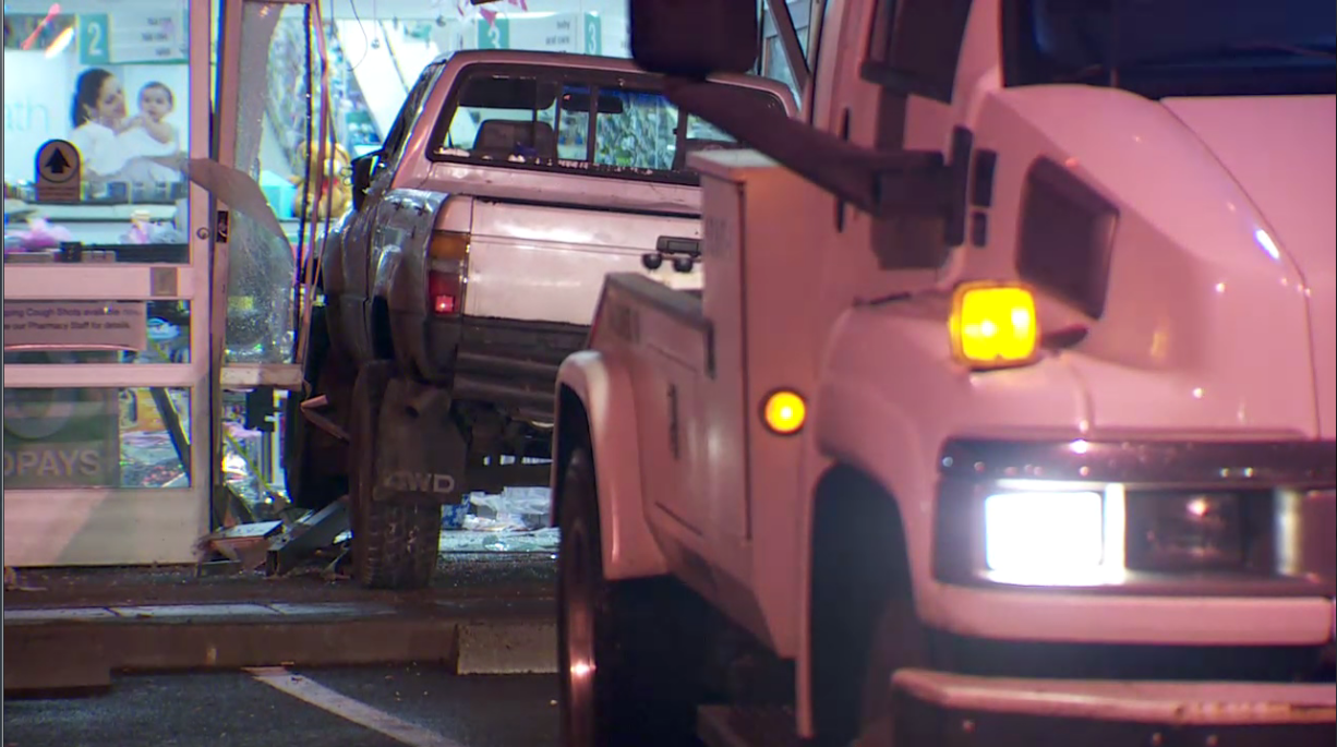 A truck reportedly stolen in Oregon slammed into Walgreens on Main Street in Vancouver. A few suspects in the vehicle tried to access an ATM in the store and fled before police arrived.