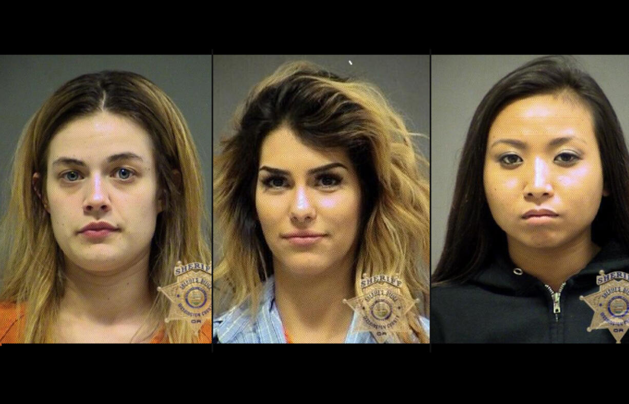 Brittney Medak, from left, Christie Coura and Leokham Yothsombath were arrested after a twerking incident in Beaverton, Ore.