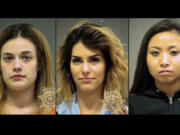 Brittney Medak, from left, Christie Coura and Leokham Yothsombath were arrested after a twerking incident in Beaverton, Ore.