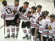 The Portland Winterhawks react to their 4-2 loss to the Edmonton Oil Kings in Game 7 of the WHL finals at the Veterans Memorial Coliseum on Monday.