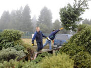 Jerard Moore, left, and Robert Withee unload Christmas trees at McFarlane's Bark during Boy Scout Troop 434's 2014 recycling drive last year.