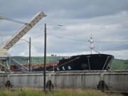 A Chinese cargo ship loads soy beans next to the Imperium site in Hoquiam, one of three proposed oil terminal sites in Grays Harbor County.