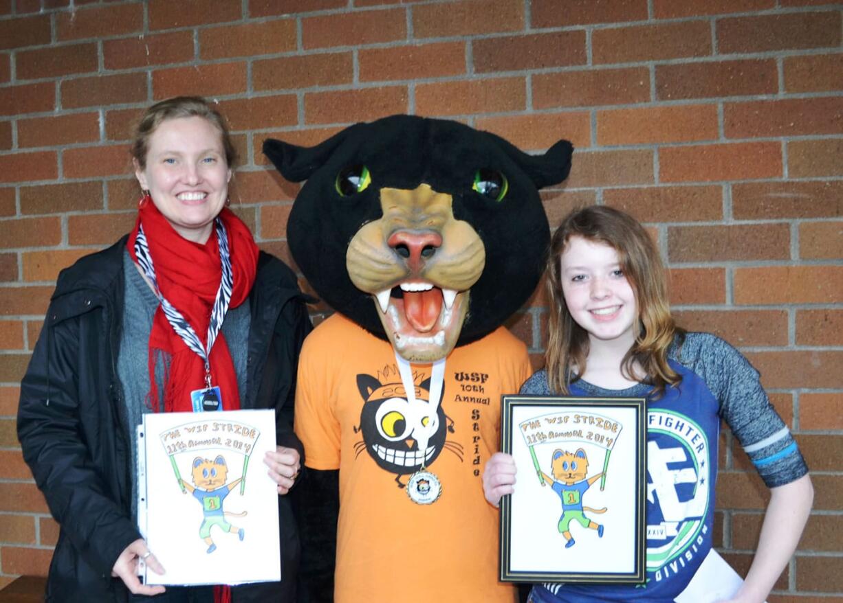 Taylor Grasseth (right), an eighth-grader from Jemtegaard Middle School, poses with her art teacher, Gabrielle Iverson, and the WSF Stride Cat.