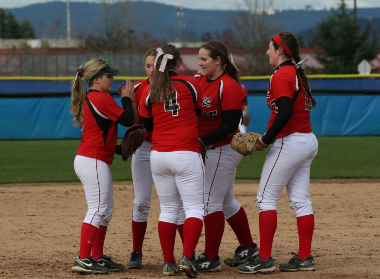 Camas infielders Lena Richards, Faith Allen, Cailyn Grindy, Katie Schroeder and Harli Hubbard are one out away from defeating Mountain View 6-1 Monday.