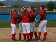 Camas infielders Lena Richards, Faith Allen, Cailyn Grindy, Katie Schroeder and Harli Hubbard are one out away from defeating Mountain View 6-1 Monday.