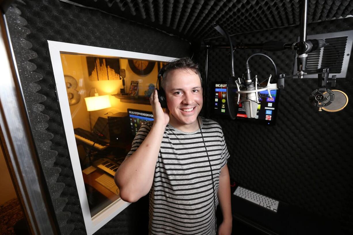 Beau Stephenson, a voice-over actor, works from his in-home studio in Pasadena, Calif., in August.