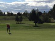 Fort Vancouver&#039;s Spencer Tibbits putts during the final round of the Class 3A District 4 boys golf championships Tuesday at Tri-Mountain Golf Course.