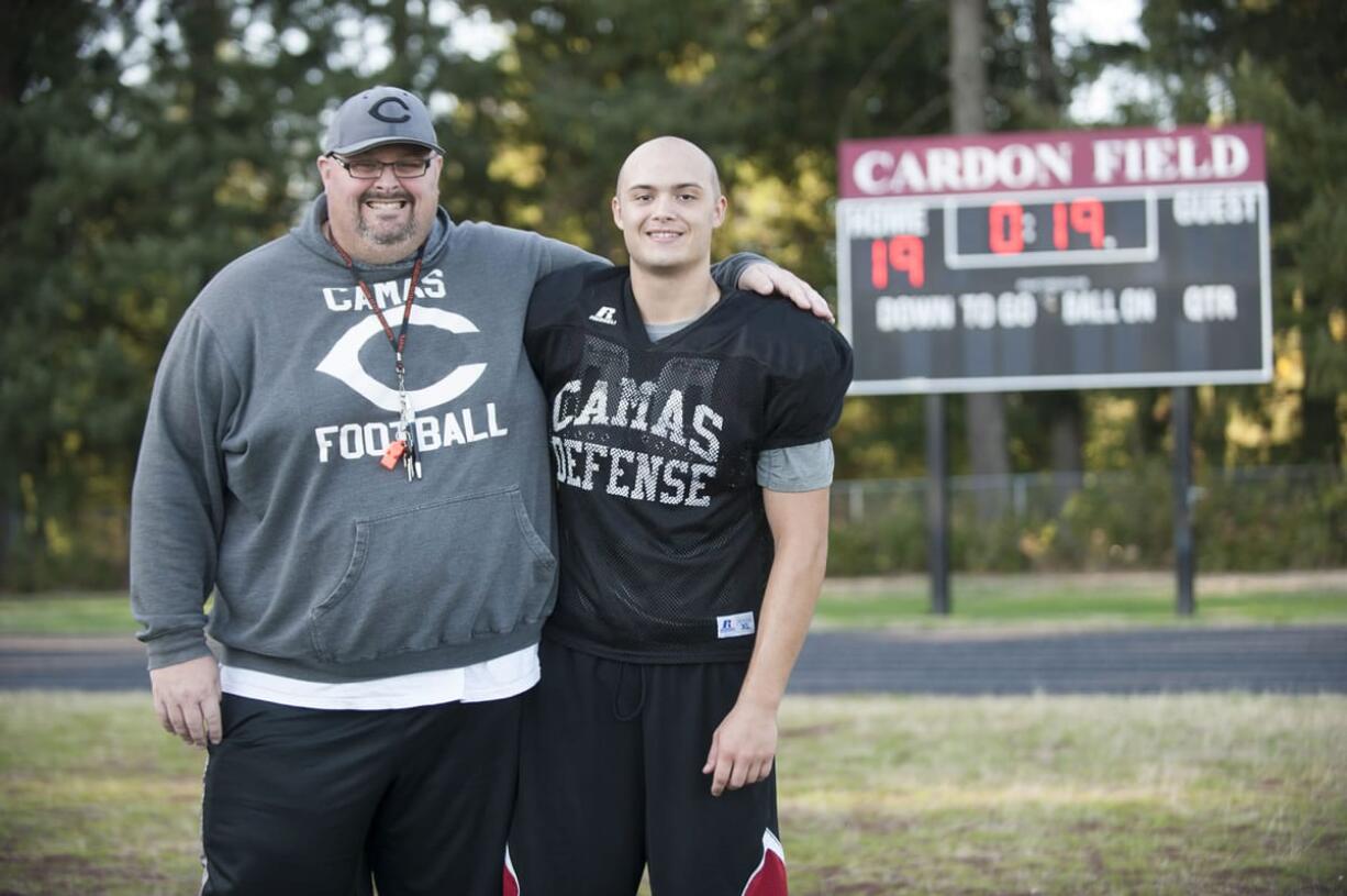 Camas High School player Trevor Wochnick and his dad Justin Wochnick posed at Camas practice on Wednesday.