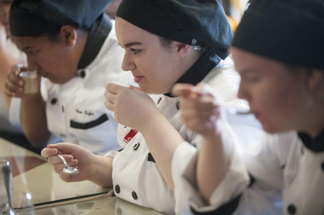 Eight culinary students take part in a tasting of pumpkin spice lattes from several local coffee shops at the Clark County Skills Center in Vancouver.