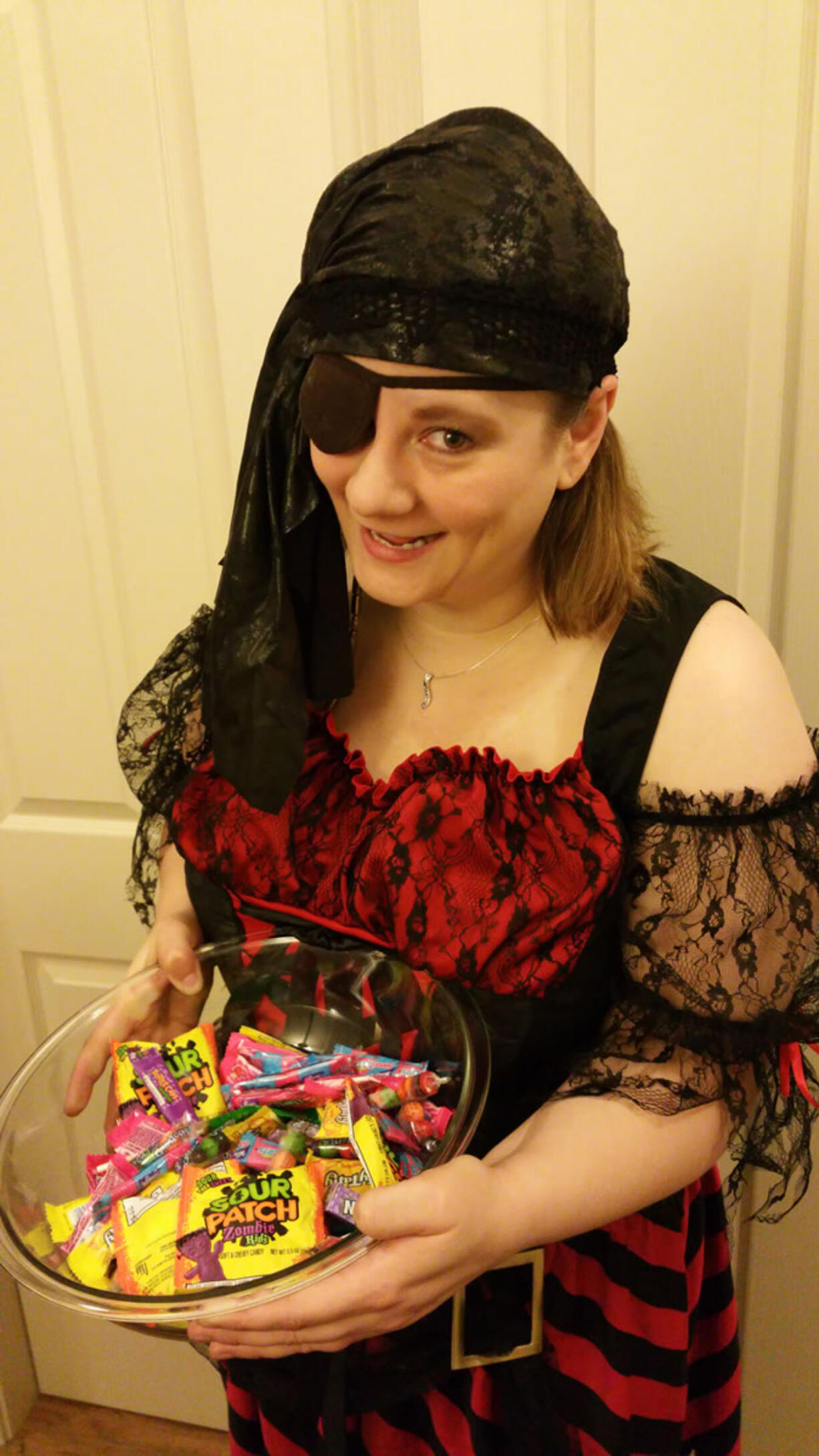 Abigail Mounce, who lost an eye on Oct. 31, 2014, when shot by a neighbor, decided to honor the anniversary with humor, dressing as a pirate.