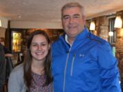 Scholarship recipient Megan Waugh, left, meets with Bob Knight, president of Clark College, in Scotland.