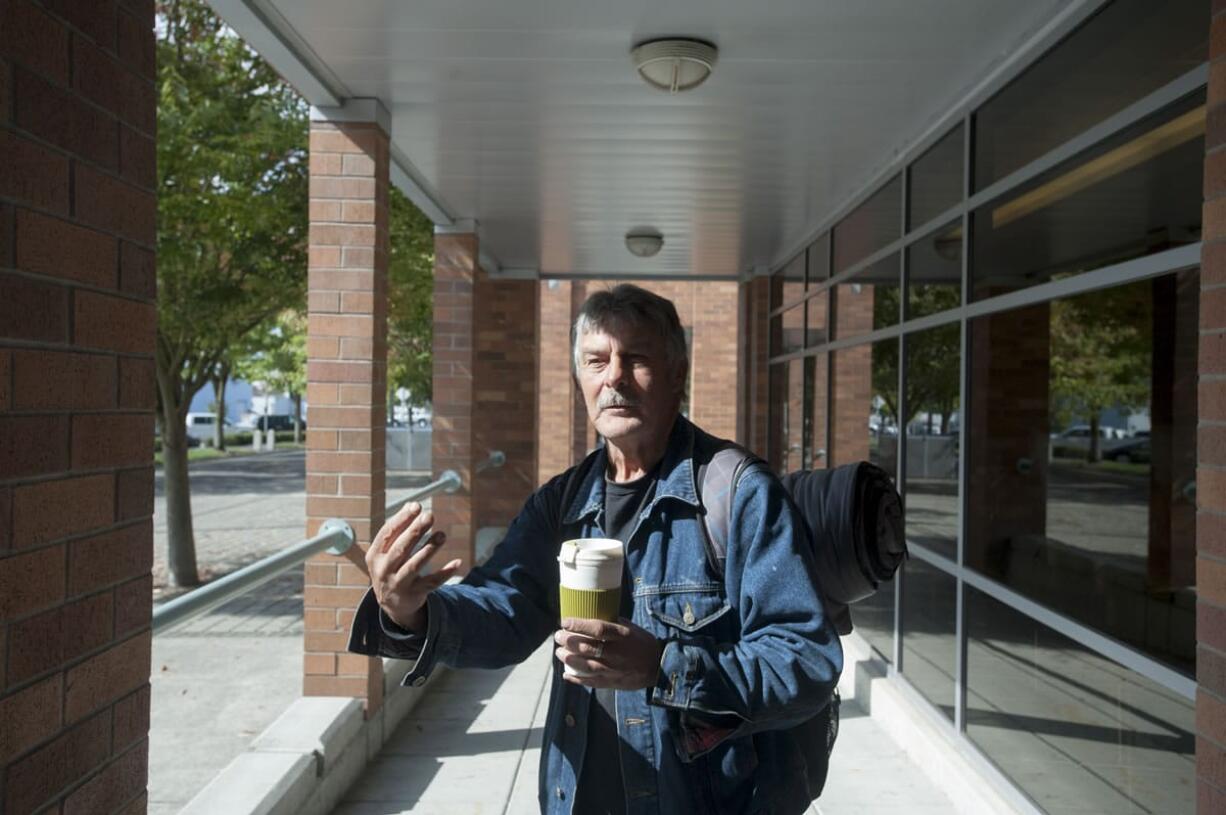 John Seevers, who has been homeless for seven years, talks about stopping at the Clark County Public Service Center to use the restroom. Clark County is considering policy that would prevent people from entering the building unless they&#039;re there on county business.