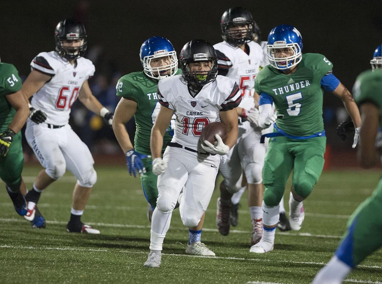 Jordan Del Moral (10) of Camas finds running room against Mountain View at McKenzie Stadium.