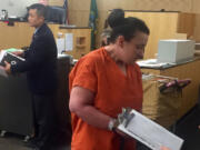 Tanya M. Leffler, 35, appears in Clark County Superior Court on Oct. 30 after allegedly violating the conditions of her release. Leffler, who is accused of driving high on methamphetamine when she struck and killed a motorcyclist in 2014, is scheduled to change her plea today.