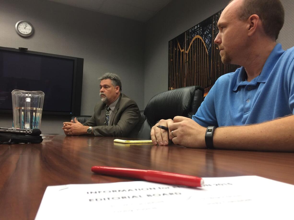 State Rep. Ed Orcutt, left, and Evergreen Education Association President Rob Lutz discuss state Initiative 1366 with The Columbian&#039;s editorial board.