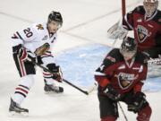 Portland Winterhawks captain Taylor Leier (20), setting up in front of the Vancouver net in game 1 of their first round playoff series, believes that his team's playoff experience will carry the Winterhawks into their next series against the Victoria Royals.