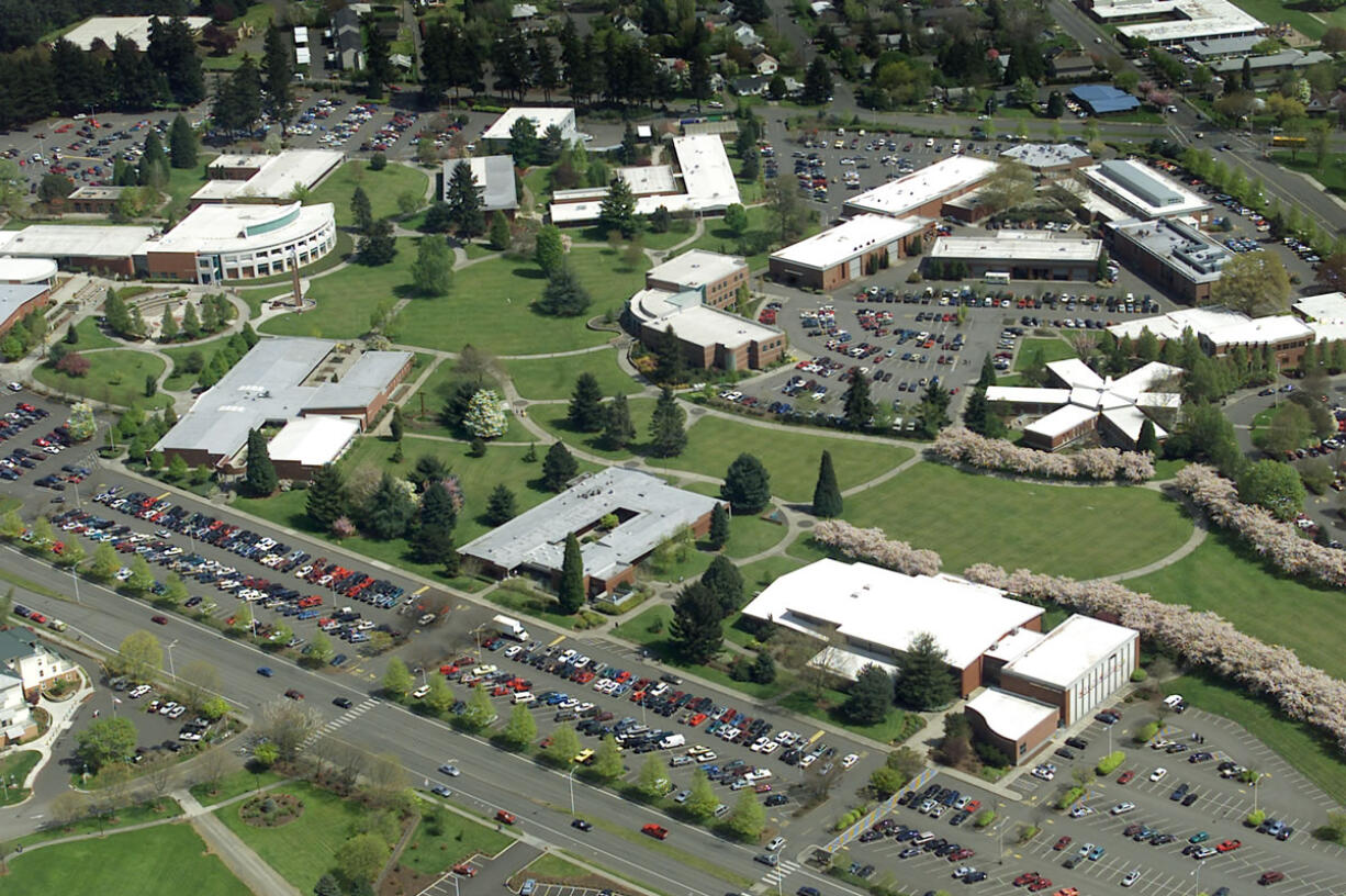 The Clark College campus in central Vancouver, as seen from the air in June 2002, has since been joined by satellite campuses in east Vancouver and Salmon Creek.