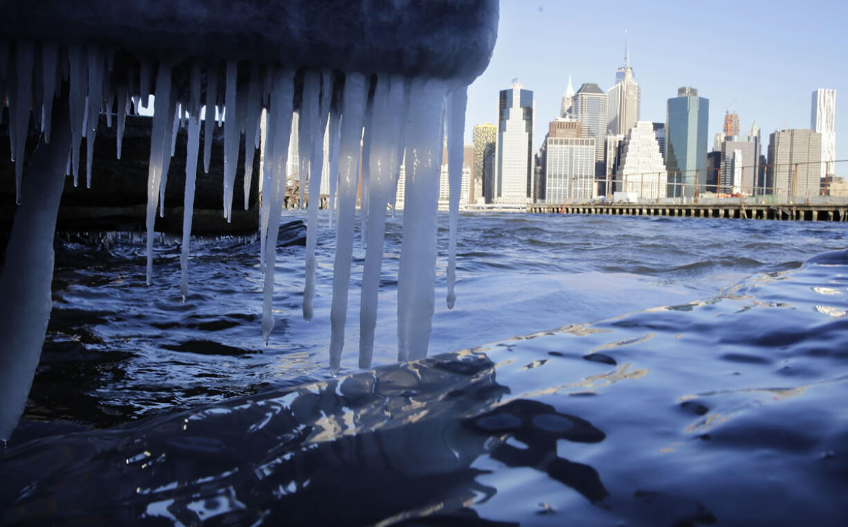 Icicles form on the waterfront in the borough of Brooklyn in New York on Thursday.