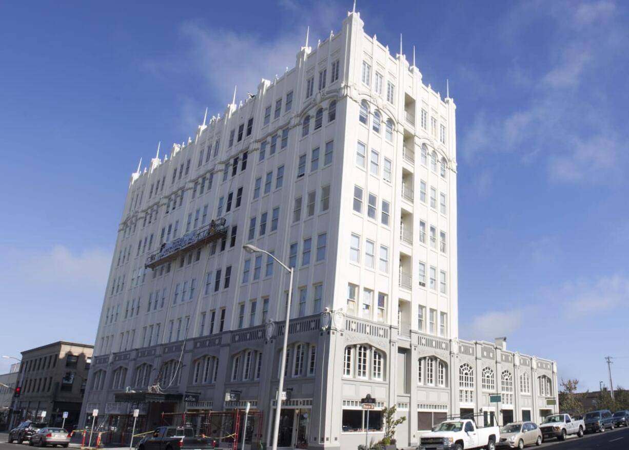 Pioneer Waterproofing Co. crews repair and waterproof the outside of the John Jacob Astor Hotel in Astoria, Ore. Since spring, owner Paul Caruana has been renovating the pre-eminent architectural landmark in downtown Astoria, Ore.