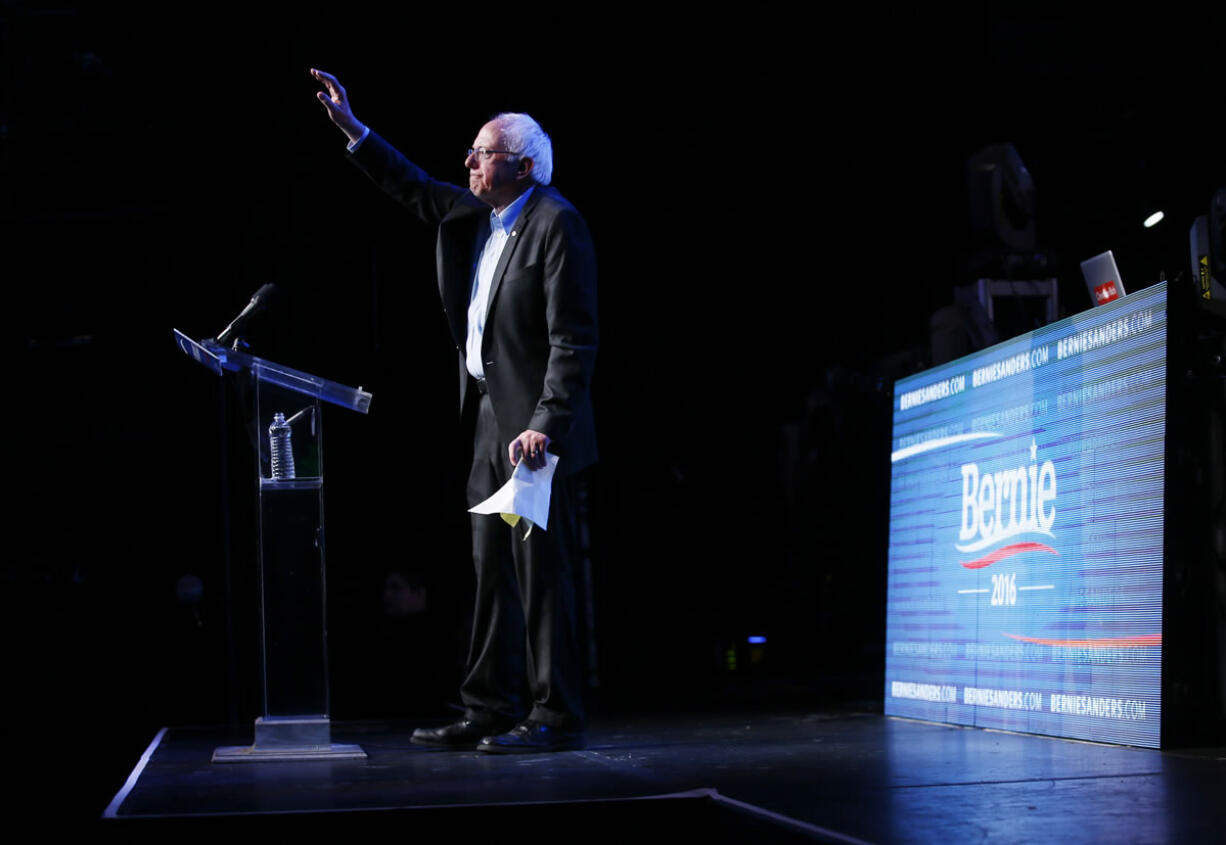 Democratic presidential candidate Sen. Bernie Sanders, I-Vt., waves during a fundraiser Wednesday at the Avalon Hollywood in Hollywood, Calif.