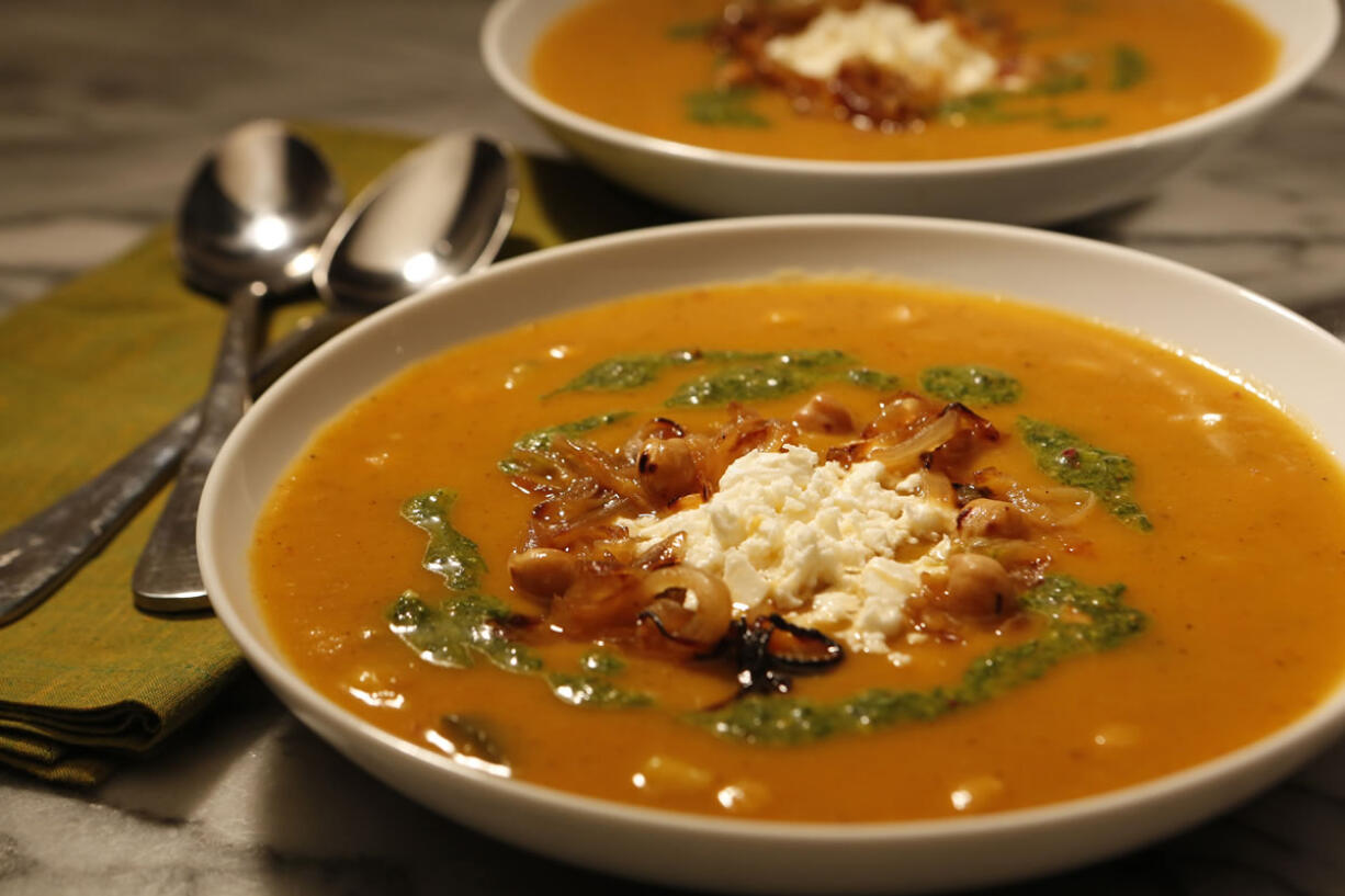 Spiced Vegetable Soup stands out partly because of the glamourous-looking herb oil -- much like a quick pesto -- drizzled on top. For the rest?