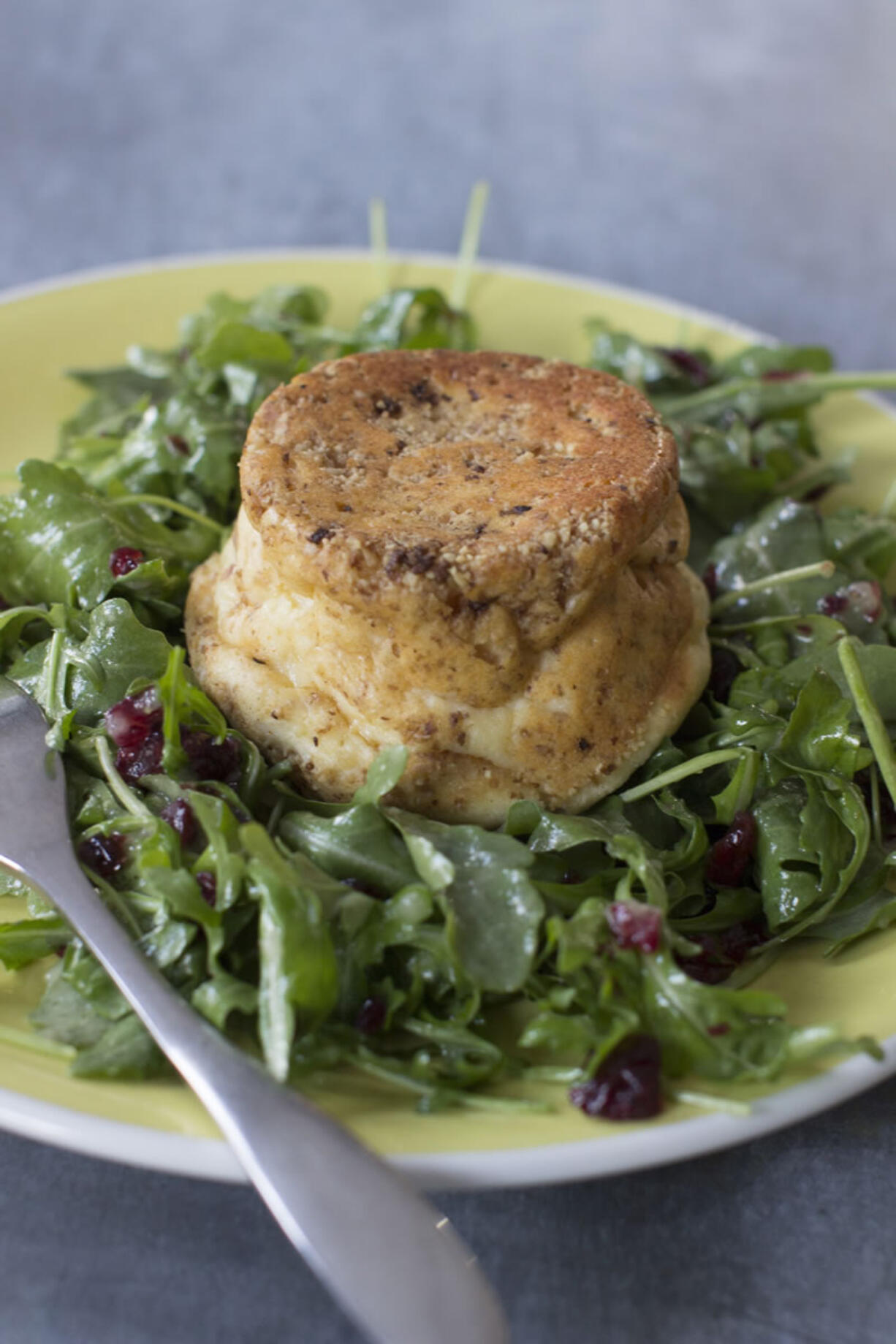 Cheddar And Walnut Souffles On Arugula With Pear Dressing