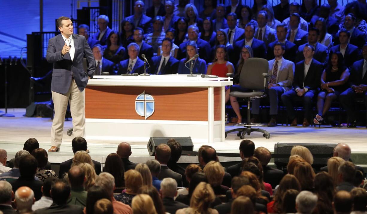 Republican presidential candidate Ted Cruz speaks to attendees Sunday during a North Texas Presidential Forum hosted by Faith &amp; Freedom Coalition and Prestonwood Baptist Church in Plano, Texas. Also addressing the forum were Jeb Bush, Ben Carson, Carly Fiorina, Mike Huckabee and Rick Santorum.