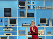 Carly Fiorina, chairman and CEO of Hewlett-Packard Co., introduces her company&#039;s 158 new products at a Aug. 11, 2003, news conference in New York. Hewlett-Packard, one of the nation&#039;s most storied tech companies will split in two this weekend, another casualty of seismic shifts in the way people use technology and big-company sluggishness in responding.