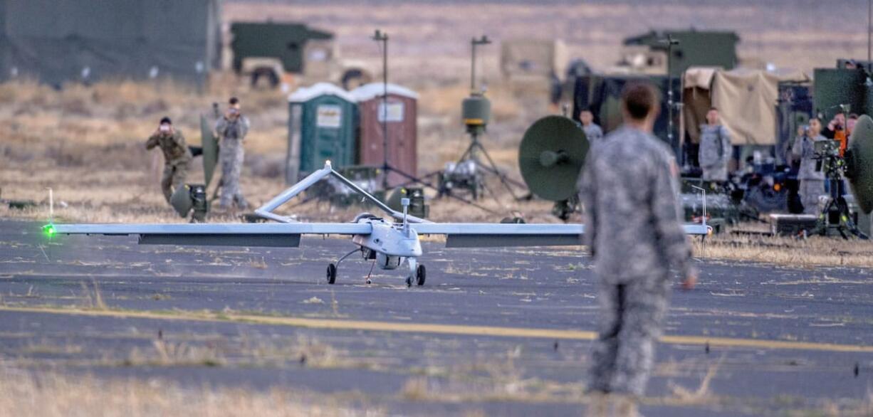 A Shadow unmanned aircraft operated by the 16th Combat Aviation Brigade comes to a stop on an airstrip at the U.S. Army Yakima Training Center in Yakima.