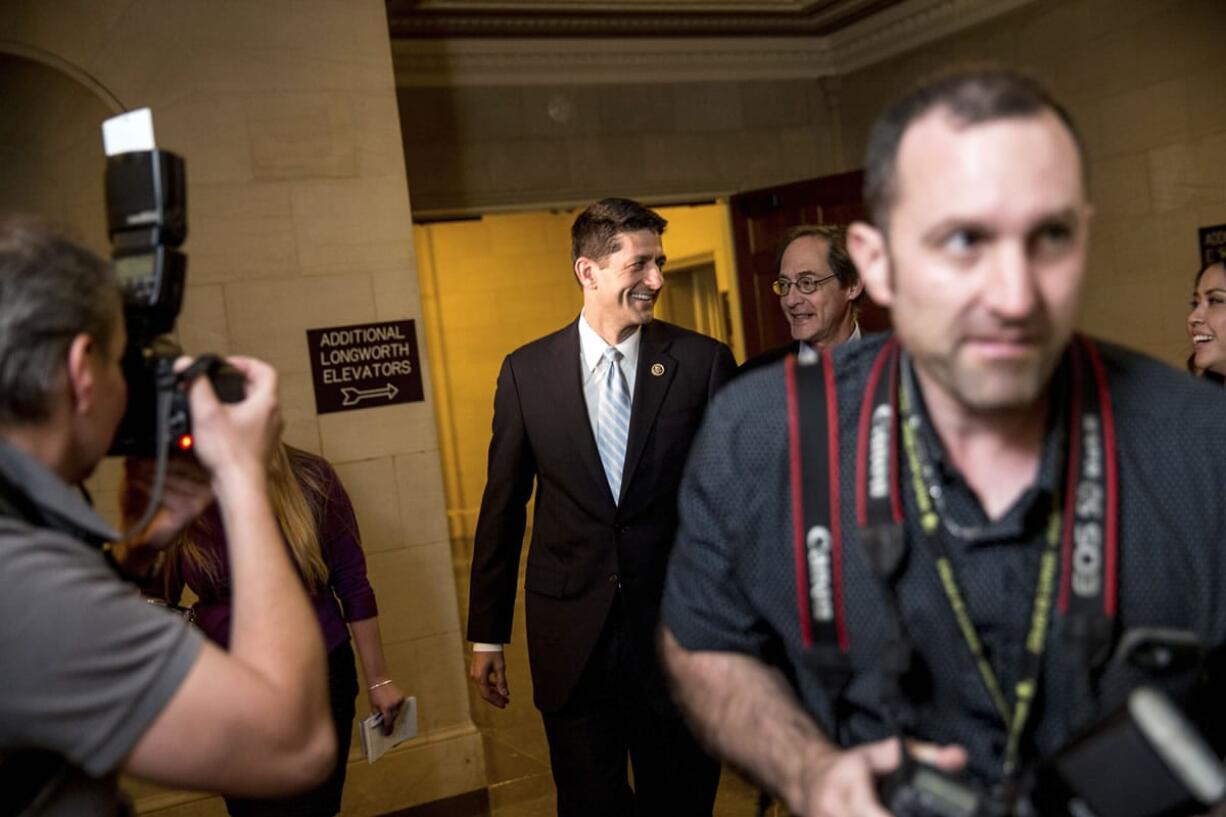 Rep. Paul Ryan, R- Wis., leaves his office before a House GOP meeting, Tuesday on Capitol Hill in Washington.