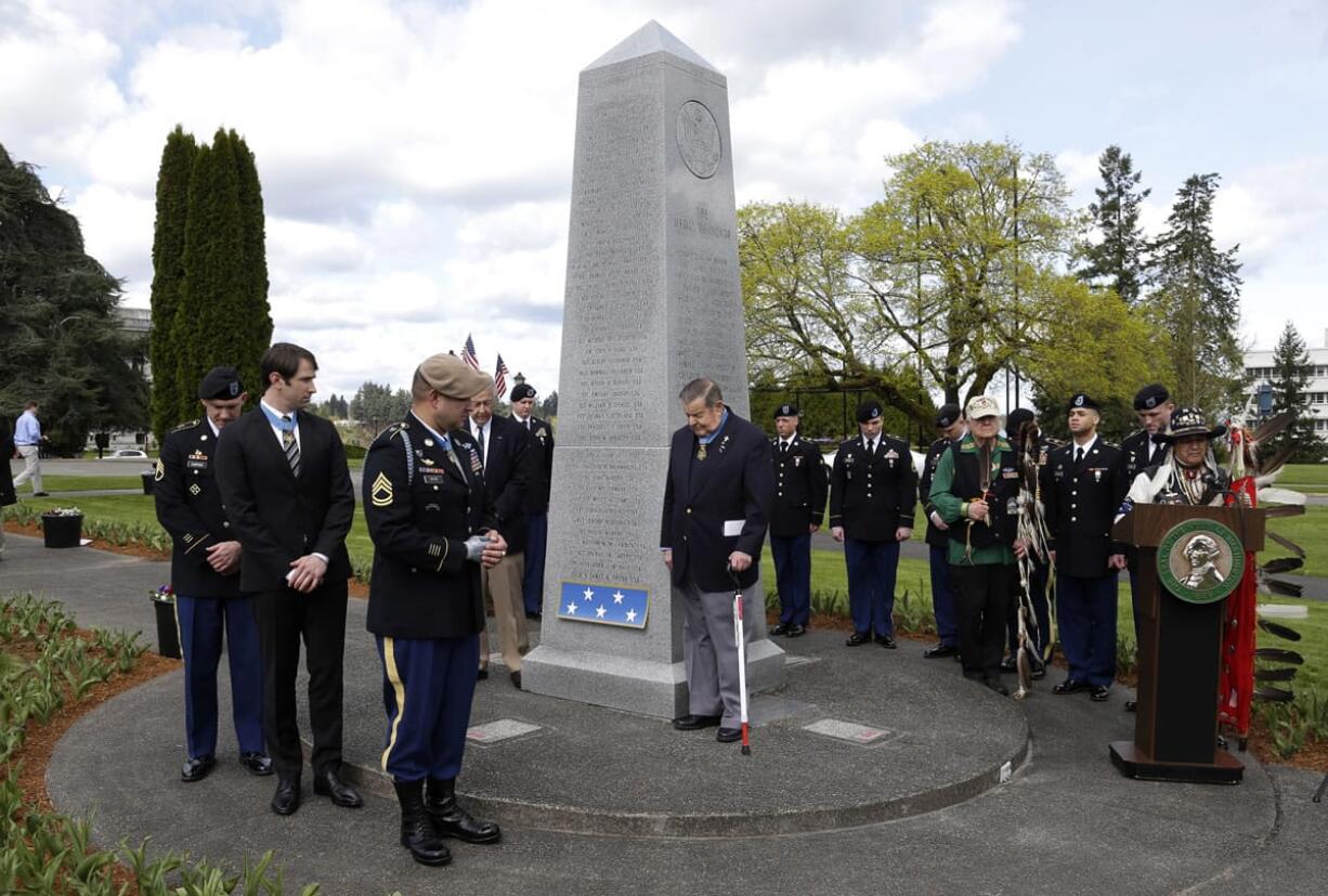 Medal of Honor recipients, from left, Staff Sgt. Ty Carter, Capt. William Swenson, Sgt. 1st Class Leroy Petry, and Col.