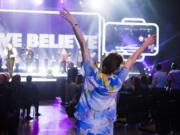 An Evangelical Christian dances during a gathering Tuesday in Jerusalem. Thousands of evangelical Christians from more than 80 countries descended upon Jerusalem this week to profess their love for the Jewish state.